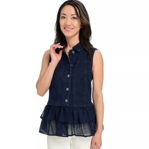 Kate & Mallory stretch denim vest with ruffled chiffon trim